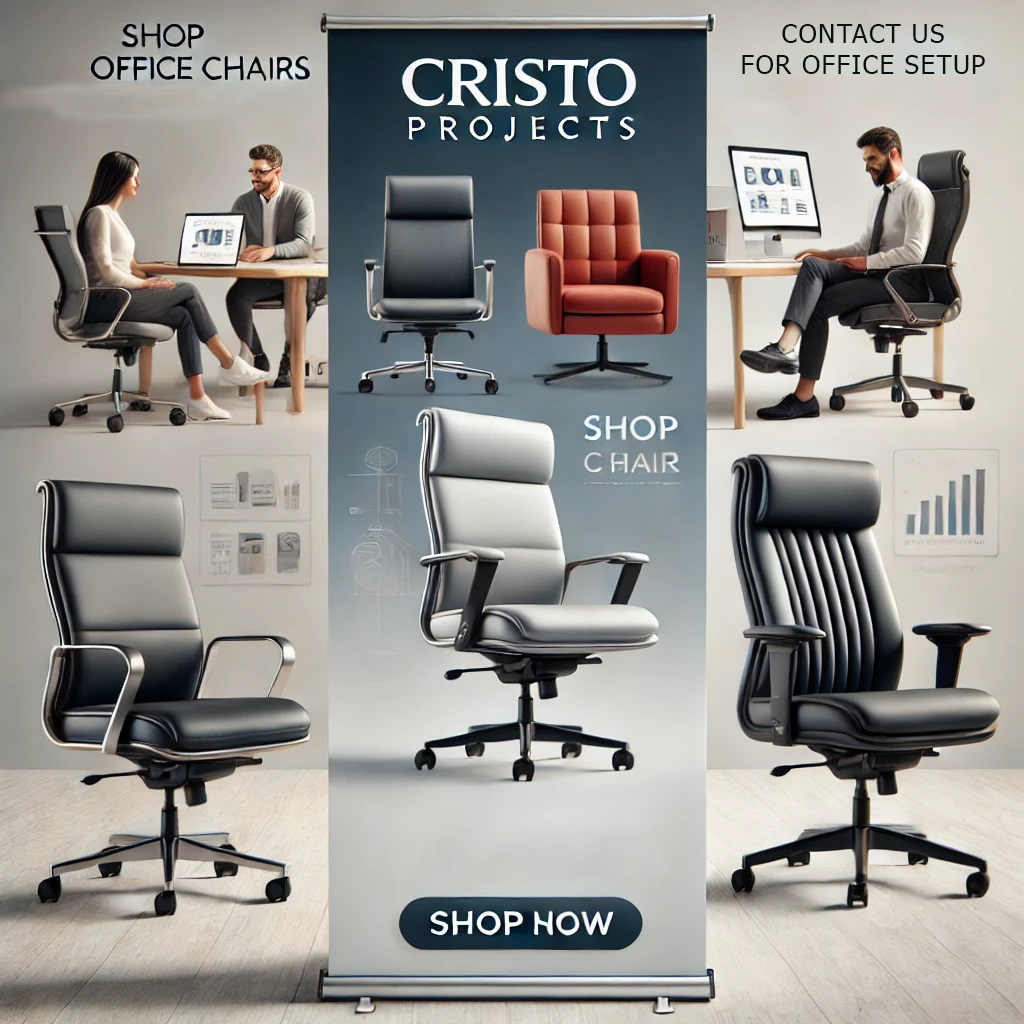 A banner image showcasing Cristo Projects' range of ergonomic office chair