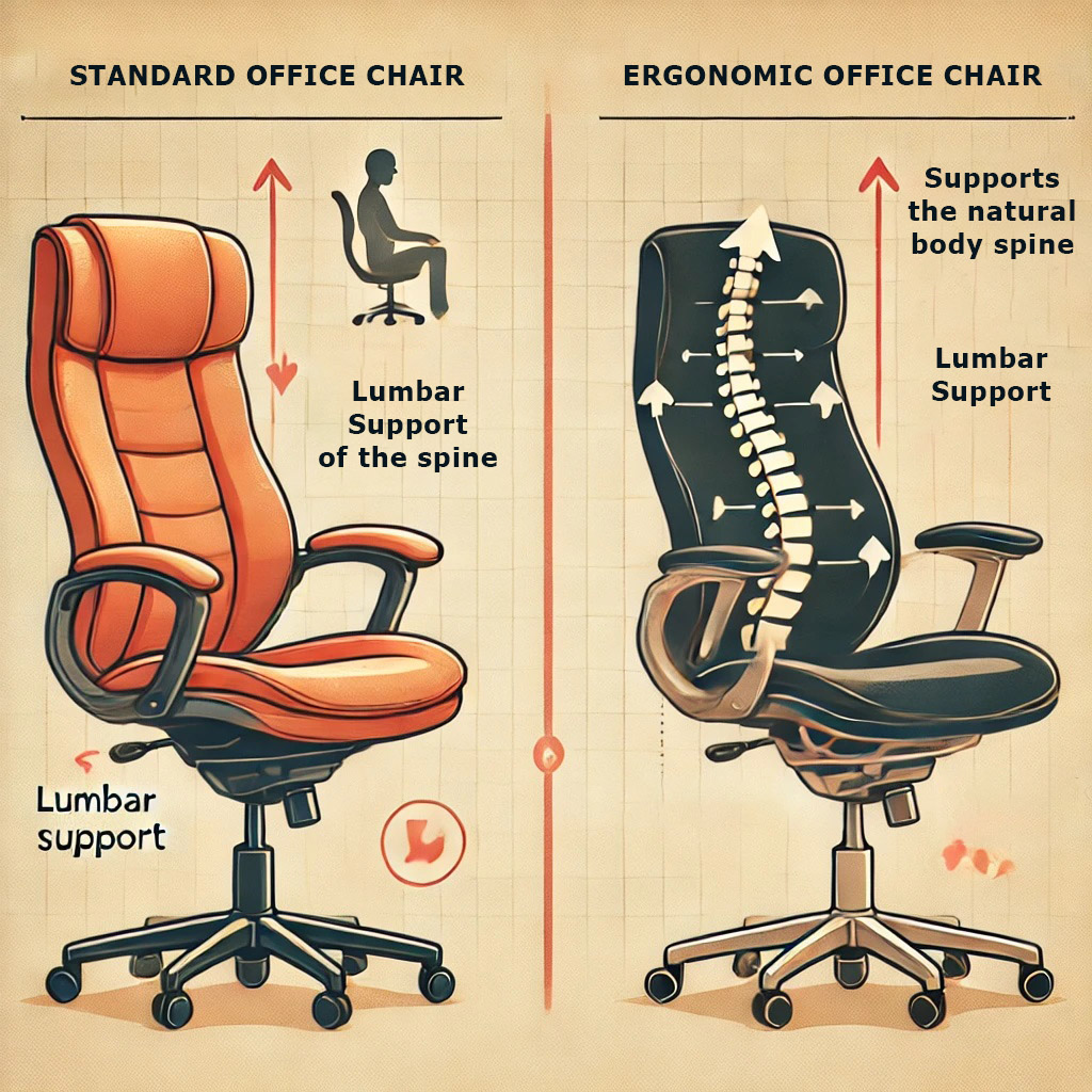 A comparison image showing a standard office chair and an ergonomic office chair side by side