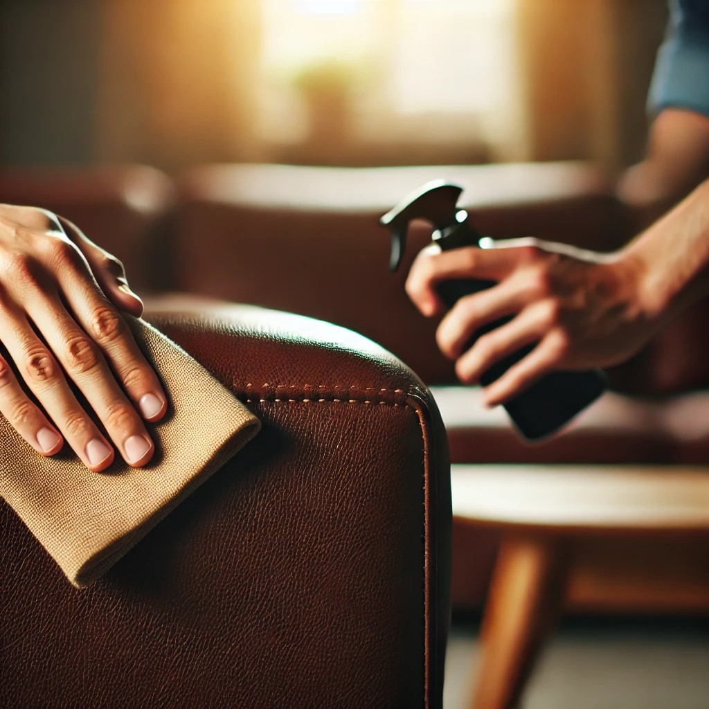 A person applying natural leather conditioner to a dark brown leather sofa