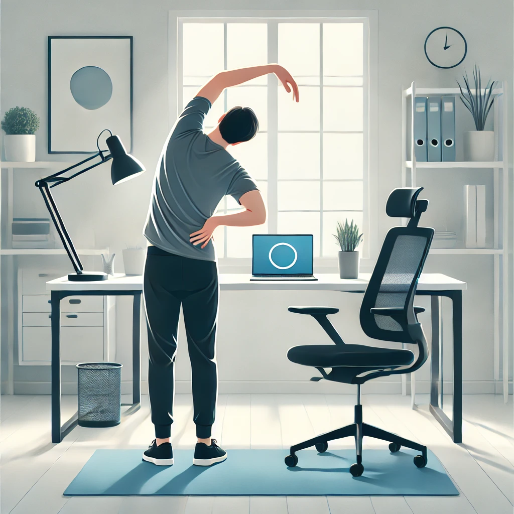 A person stretching or exercising in a modern home office environment