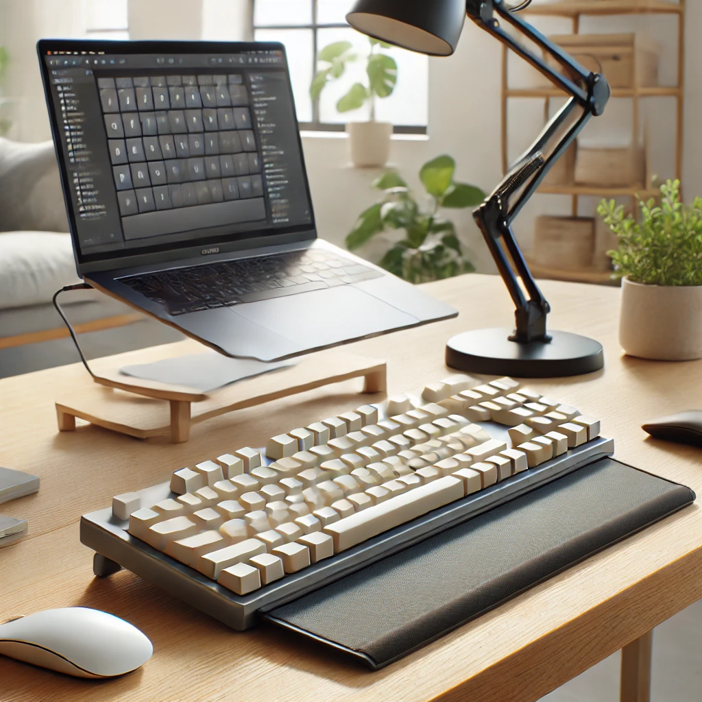 A setup showing an ergonomic keyboard and mouse with wrist support