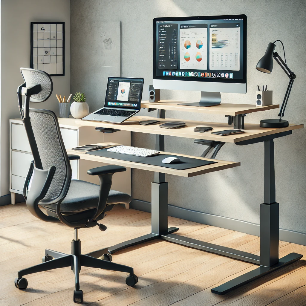 A sit-stand desk setup in a modern home office, featuring a height-adjustable desk