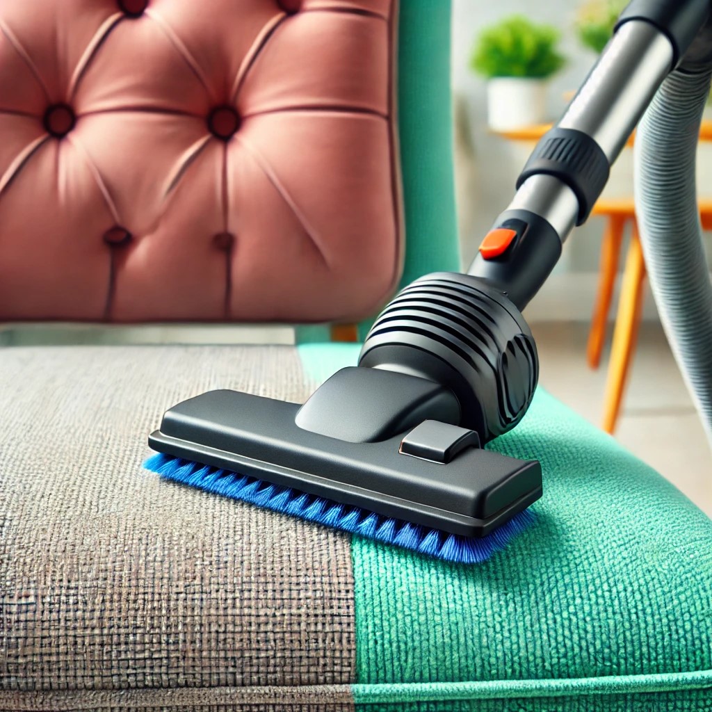 A vibrant cotton upholstered chair being vacuumed