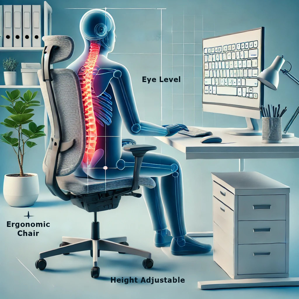 A visual representation of an ergonomic office setup, highlighting an ergonomic office chair with lumbar support