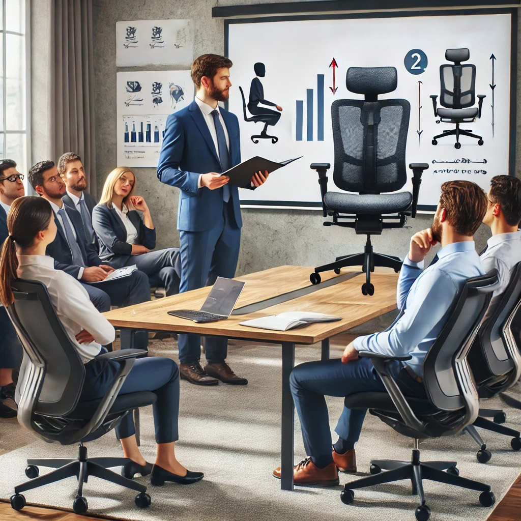 An image of a corporate training session where employees are learning about ergonomic office furniture