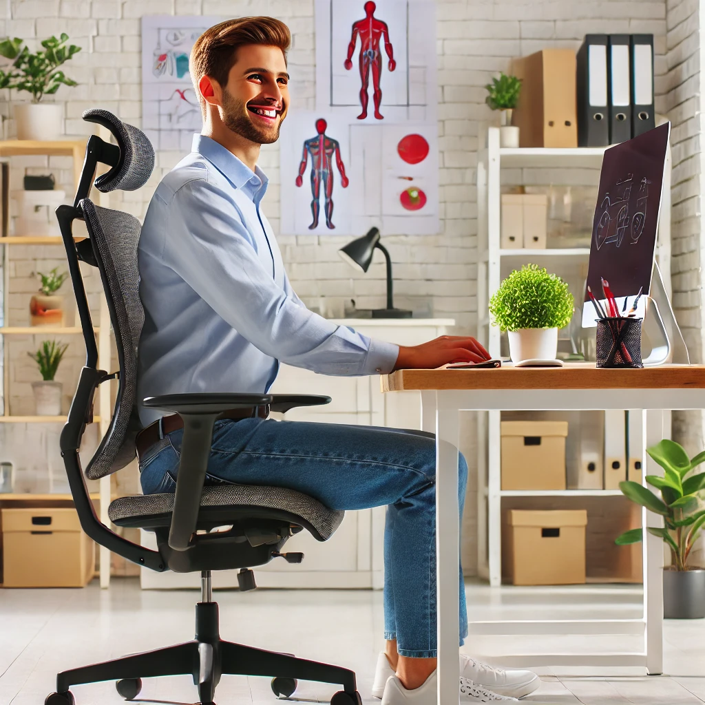 An image showing a happy and productive employee working comfortably in an ergonomic office chair setup