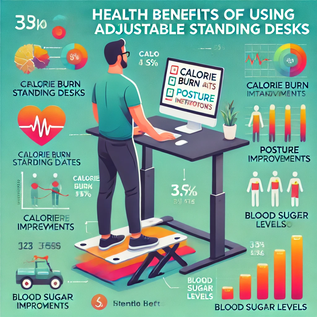 An infographic showing health benefits of using adjustable standing desks