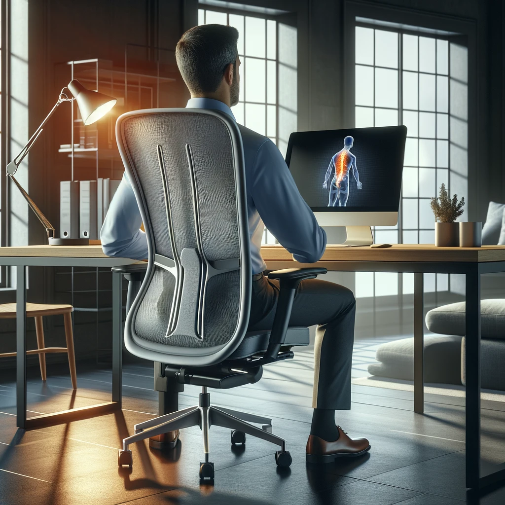 An office worker seated in a modern ergonomic chair with clear lumbar support in a sleek office environment