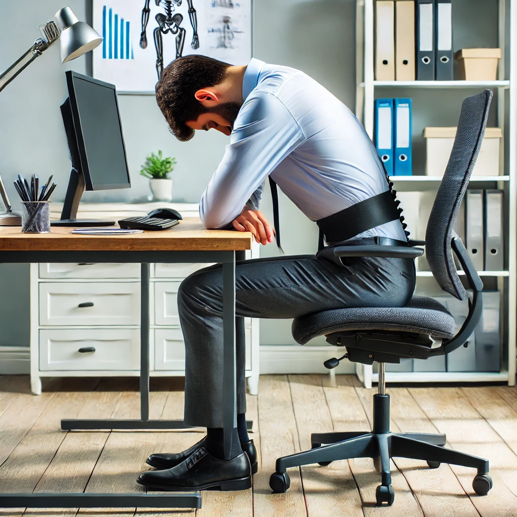 An office worker sitting at a desk with incorrect posture