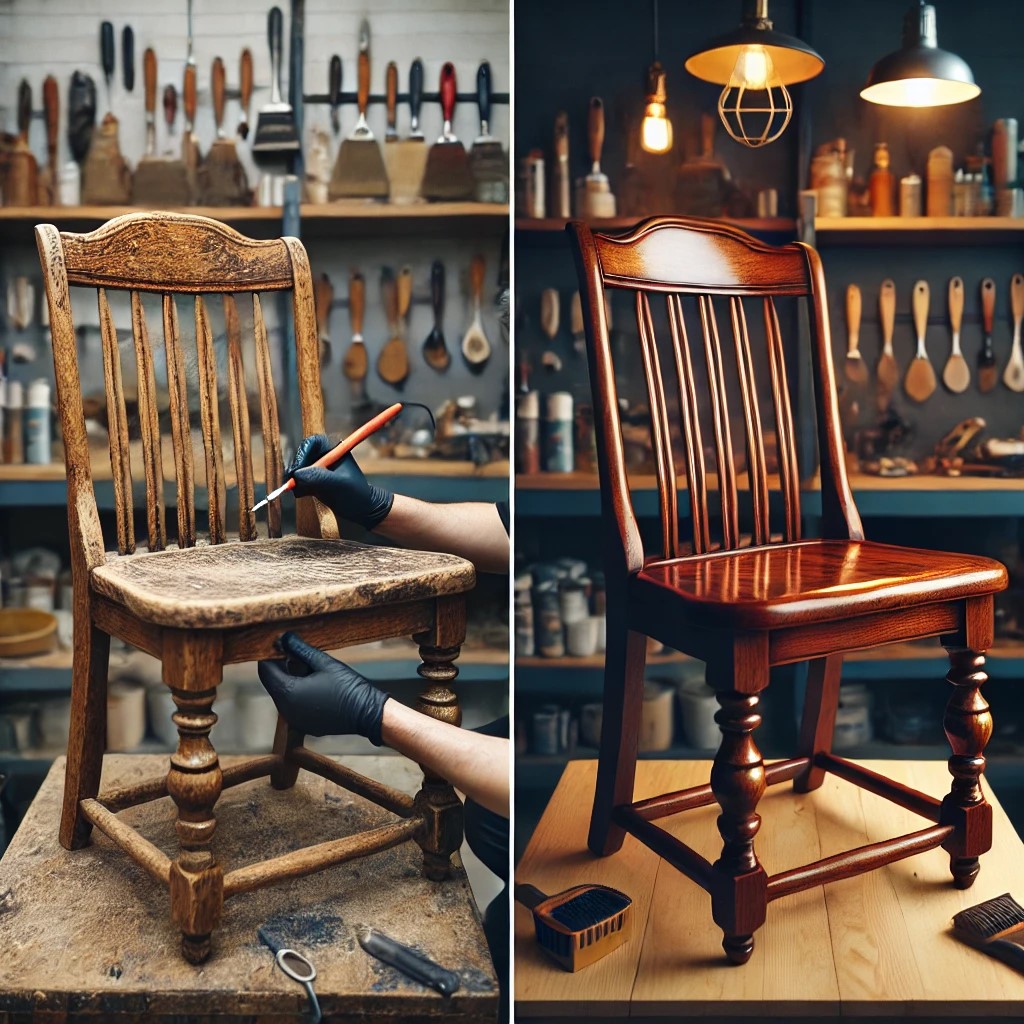 Before and after photo of a wooden chair undergoing refinishing