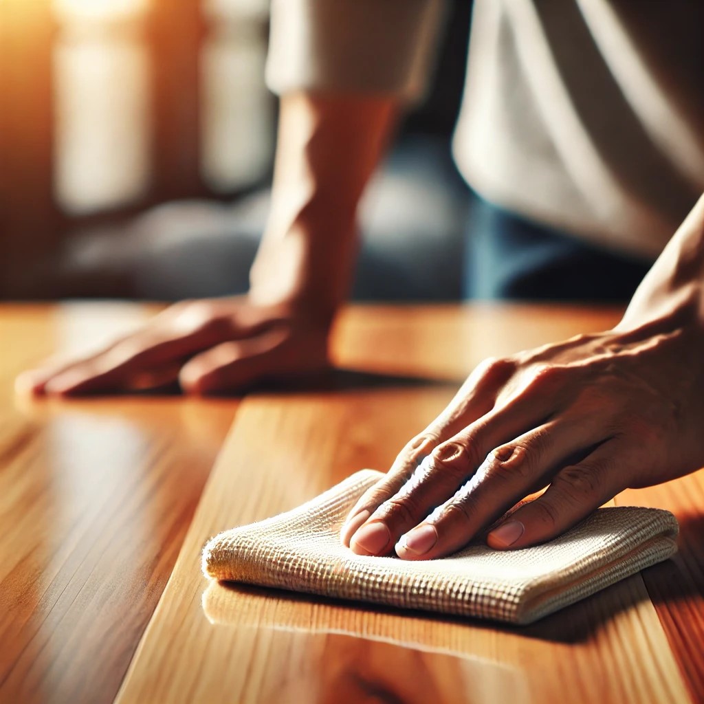 Sustainable furniture care: Close-up image of a person using a microfiber cloth to dust a polished wooden table