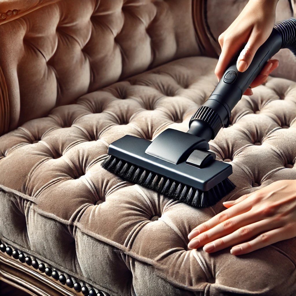 Gentle vacuuming of a luxurious velvet chair using a soft brush