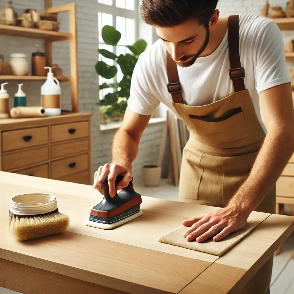 Steps of refinishing a wood table, including sanding and applying finish